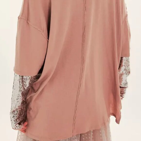 Free People Nellie Twofer Mauve Pink Oversized Sequin Long Sleeve Tee Tunic XS - Picture 3 of 16